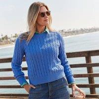 Lands' End Women's Pure Cotton Cable Knit Drifter Crew Neck Jumper in Blue | Size: 16-18