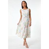 Roman Women's Petite Floral Gathered Waist Midi Dress in Ivory | Size: 14