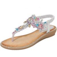 MODISHION Women's Bohemian Rhinestone Beach Sandals in Silver | Size: 7