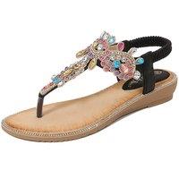 MODISHION Women's Bohemian Rhinestone Beach Sandals in Black | Size: 6