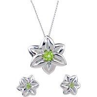 Ojewellery Women's Peridot Flower Pendant Necklace Stud Earring Set in Silver | Size: 18 inches