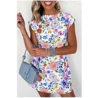 Everyday The Label Women's Sky Blue Vibrant Floral Print Cap Sleeve Mini Dress in White | Size: XL