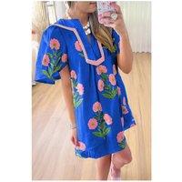 Everyday The Label Women's Blue Floral Short Sleeve Split Neck Loose Mini Dress | Size: 10