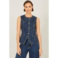 Yumi Women's Blue Stretch Long Denim Waistcoat | Size: 12
