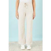 Yumi Women's Cream Relaxed Stretch Wide Leg Trousers With Pockets in Beige | Size: Large