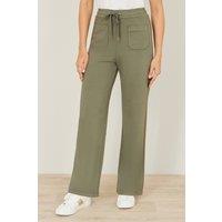 Yumi Women's Khaki Relaxed Stretch Wide Leg Trousers With Pockets | Size: Medium