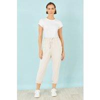 Yumi Women's Cream Cotton Relaxed Stretch Trousers With Pockets in Beige | Size: Large