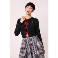 Hell Bunny Women's Lucie Red & White Heart Jacquard Knit Cardigan Tie Bow Detail in Black | Size: Small
