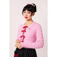 Hell Bunny Women's Lucie Red & White Heart Jacquard Knit Cardigan Tie Bow Detail in Pink | Size: 6XL