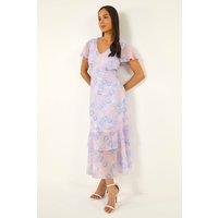 Roman Women's Petite Floral V-Neck Frill Midi Dress in Lilac | Size: 14