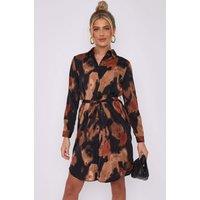 Love Sunshine Women's Brown Abstract Print Black Mini Shirt Dress | Size: 10