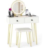 Costway Vanity Set w/Mirror & Lights Dressing Table & Stool w/Charging Station in White