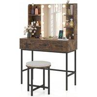 Costway Vanity Desk w/Mirror & Lights Makeup Table & Stool Set w/Power Outlets in Brown