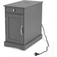 Costway Wooden End Table w/ Charging Station Nightstand Side Table w/Drawer in Grey