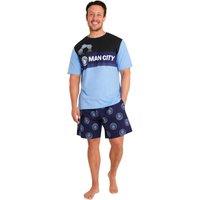Manchester City FC Men's Short Pyjama Set PJ Nightwear Summer Lounge Sleepwear in Blue | Size: Large
