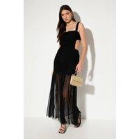 MissPap Women's Open Back Mesh Ruched Maxi Dress in Black | Size: 14