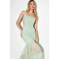 MissPap Women's Open Back Mesh Ruched Maxi Dress in Mint | Size: 12