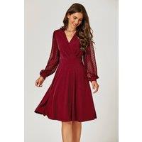 FS Collection Women's V Neck Midi Dress With Sheer Long Sleeve in Dark Red | Size: XL