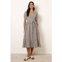Blue Vanilla Women's Navy Square Neck Puff Sleeve Stripe Midi Dress | Size: Medium