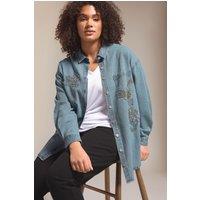 Evans Women's Denim Sequin Embellished Shirt in Blue | Size: 30-32