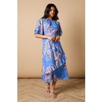 Oasis Women's Petite Double Frill Satin Burnout Midi Dress in Navy | Size: 8
