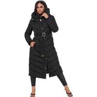 MyShoeStore Women's Women's Hooded Belted Puffer Jacket Full-Length Quilted Winter Coat in Black | Size: 2XL