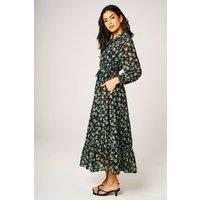 FS Collection Women's Floral Print Long Sleeve Ruffle Chiffon Shirt Midi Dress In Black | Size: Small