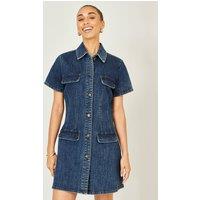 Yumi Women's Blue Denim Stretch Shirt Dress With Pocket Details | Size: 8