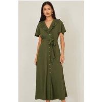 Yumi Women's Green Ruffle Collar Midi Shirt Dress | Size: 14