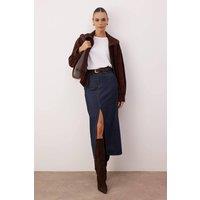 WOVCOR Women's Denim Maxi Skirt with Front Slit in Dark Blue | Size: 12
