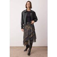 WOVCOR Women's Abstract Print Ruffle Detail Knit Midi Skirt in Khaki | Size: Small