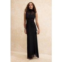 WOVCOR Women's Mesh Panel High Neck Draped Maxi Evening Dress in Black | Size: 6