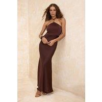 WOVCOR Women's Halter Neck Woven Satin Maxi Evening Dress with Statement Hardware in Brown | Size: 14