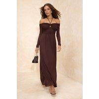 WOVCOR Women's Halter Neck Off-Shoulder Maxi Evening Dress in Brown | Size: 8
