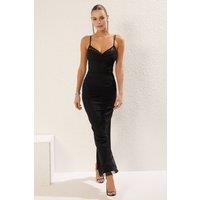WOVCOR Women's Lace Trim Strappy Knitted Midi Evening Dress in Black | Size: 6