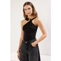 WOVCOR Women's Accessory Detail Asymmetric Neck Knit Bodysuit in Black | Size: 8