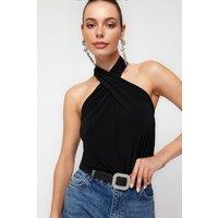 WOVCOR Women's Cross Front Halter Neck Stretch Knit Bodysuit in Black | Size: 10