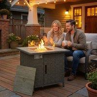 OUTSUNNY Rattan Gas Fire Pit Table with Rain Cover, Wind Guard, 14.5 KW in Grey