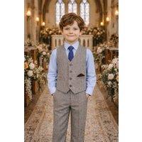 Little Giants Boy's Finn - Brown Herringbone 4 Piece Suit in Light Brown | Size: 13 Years