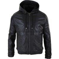 TruClothing Men's Leather Hood Bomber Jacket in Black | Size: Large