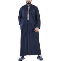 Arabic Thobes Men's Thobe Jubba Emirati Islamic Arabic Eid Embroidery Kaftan Jubbah Robe in Navy | Size: 2XL