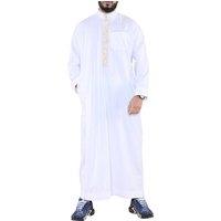 Arabic Thobes Men's Thobe Jubba Emirati Islamic Arabic Eid Embroidery Kaftan Jubbah Robe in White | Size: Small