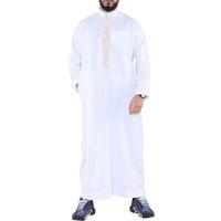 Arabic Thobes Men's Thobe Jubba Emirati Islamic Arabic Eid Embroidery Kaftan Jubbah Robe in White | Size: 2XL