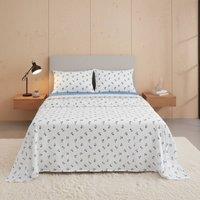 Snug City Soft Flower Print Brushed Cotton Fitted Flat Sheet Matching Pillowcase in Blue | Size: King