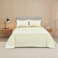 Snug City Soft Flower Print Brushed Cotton Fitted Flat Sheet Matching Pillowcase in Natural | Size: Double