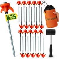 Green Thumbz Camping Tent Peg Set w/ 20 Heavy Duty Pegs, Storage Bag, Rubber Rings, Socket Bit & Mallet in Orange