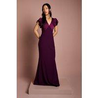 Coast Women's Honoured V Neck Angel Short Sleeve Satin Maxi Bridesmaid Dress in Fig | Size: 18