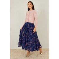 Yumi Women's Floral Ruffle Mesh Midi Skirt in Navy | Size: 16