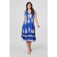 Izabel London Women's Ikat Print Cap Sleeve Lace Midi Dress in Blue | Size: 10