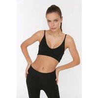 WOVCOR Women's Plunge V-Neck Thin Strap Supportive Sports Bra in Black | Size: Medium